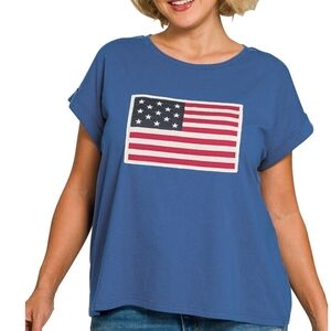 Zenana Outfitters Blue Short Sleeve Tee with Flag Graphic